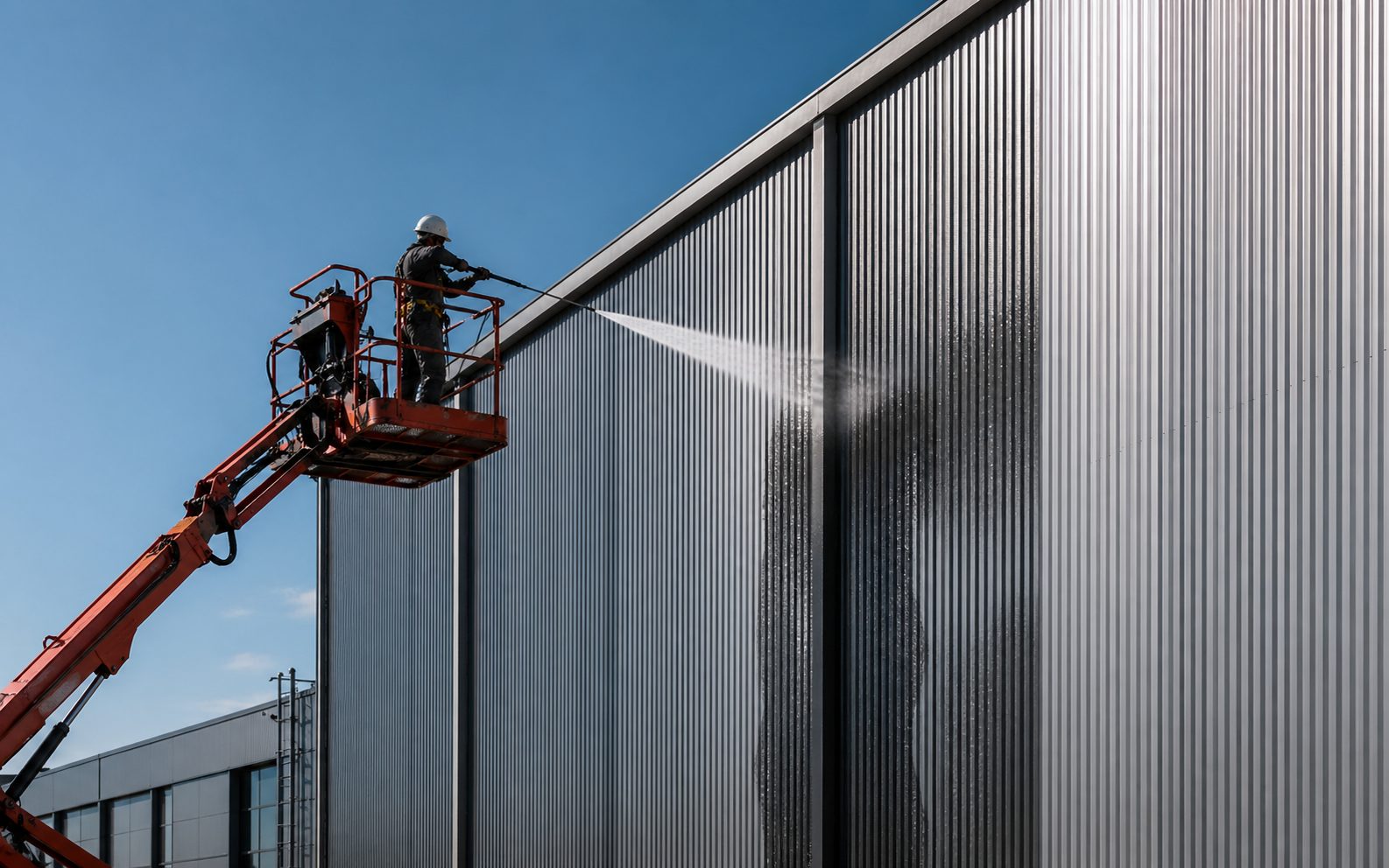 Trabajador en plataforma elevadora limpiando fachada industrial de galpón corrugado con hidrolavadora