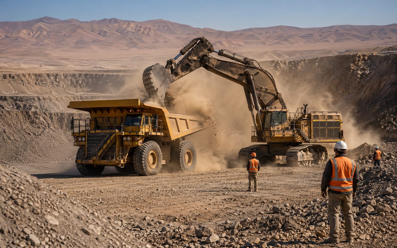 Camión minero y excavadora pesada operando en faena minera con personal HSE certificado