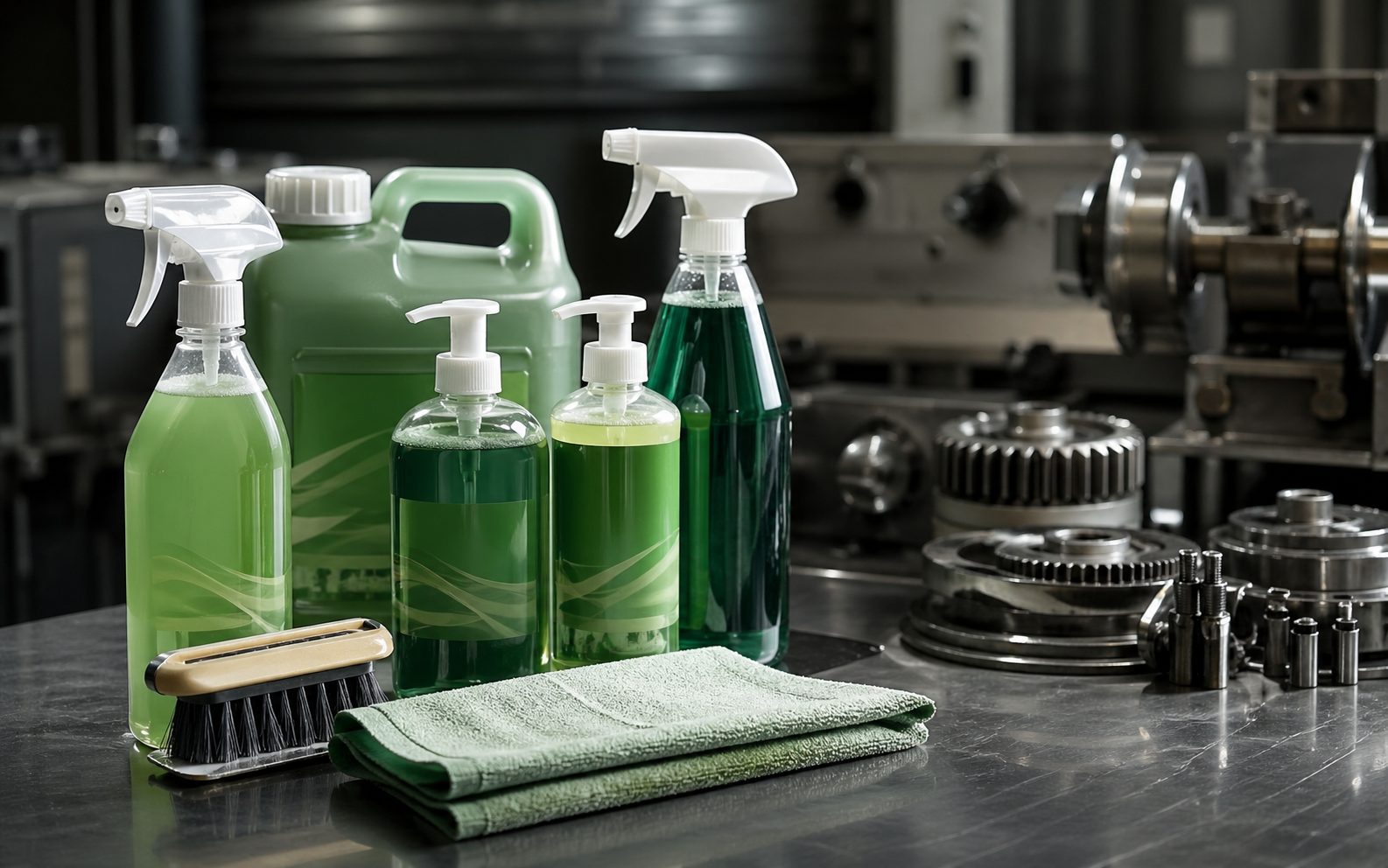 Productos de limpieza industrial biodegradables y desengrasantes ecológicos sobre superficie metálica