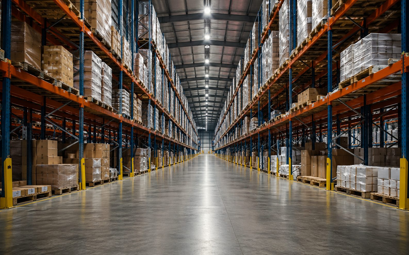 Galpón logístico industrial limpio con racks metálicos, piso de hormigón pulido y orden operacional