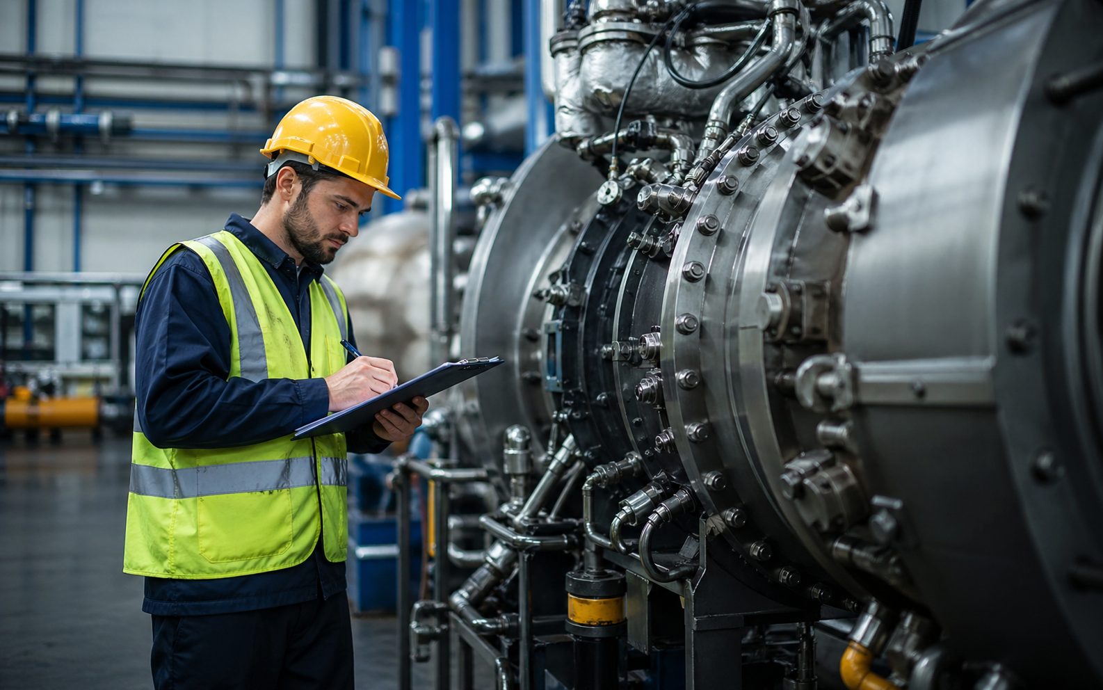 Ingeniero con casco amarillo inspeccionando maquinaria pesada para preparar cotización de limpieza industrial