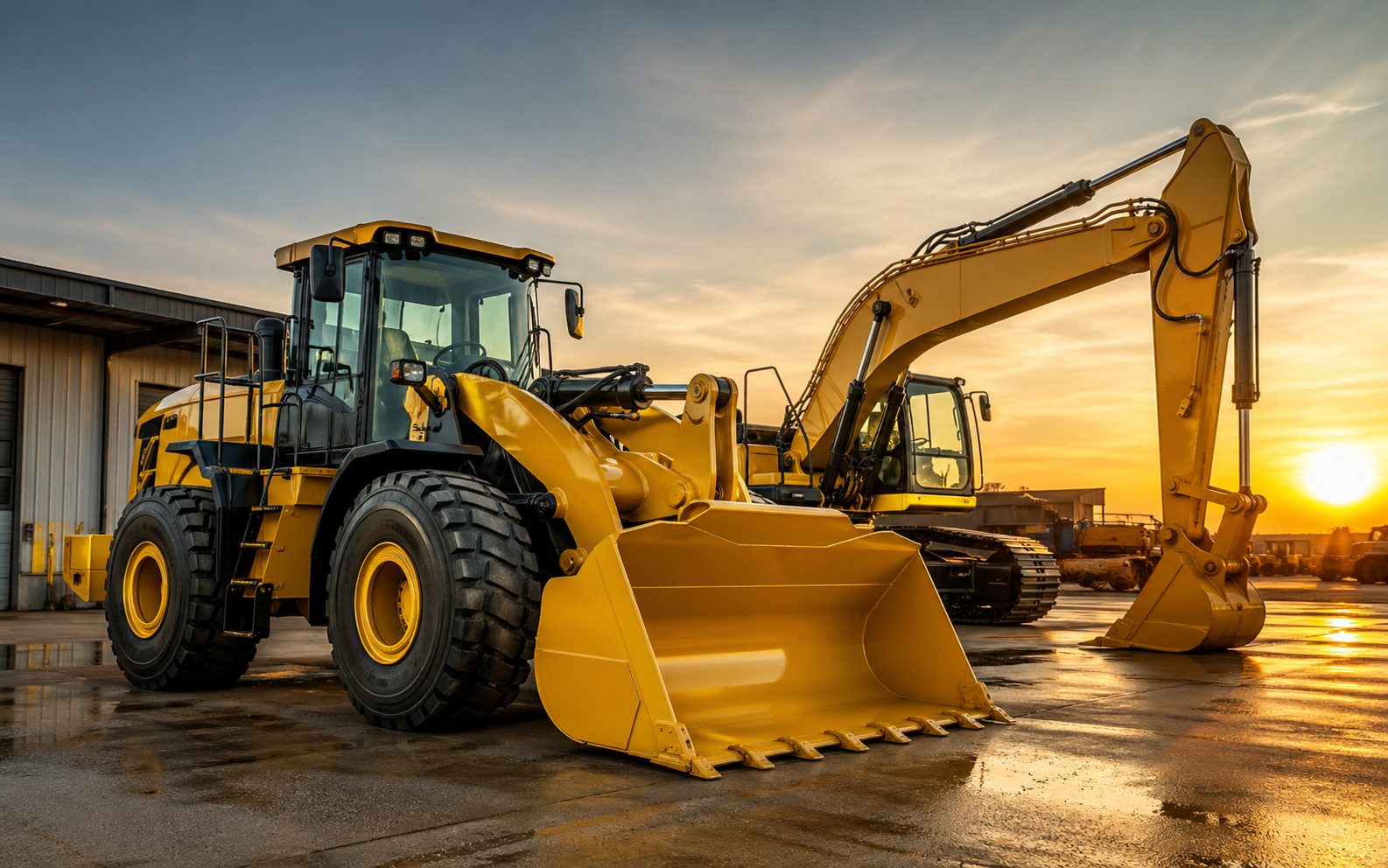 Maquinaria pesada amarilla recién lavada lista para entrega en patio de arriendos