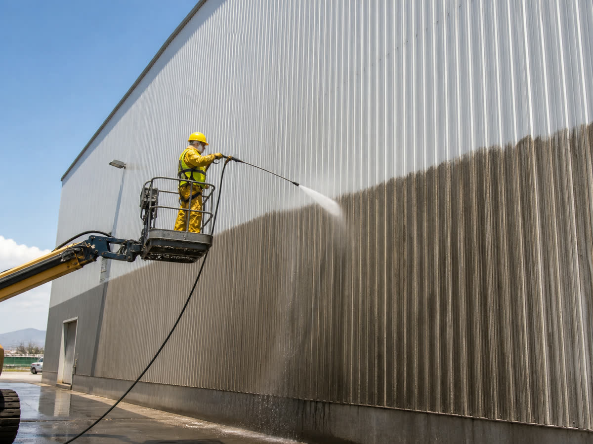 Operario hidrolavando fachada de galpón industrial en altura con plataforma elevadora y EPP, servicio VYSCAM