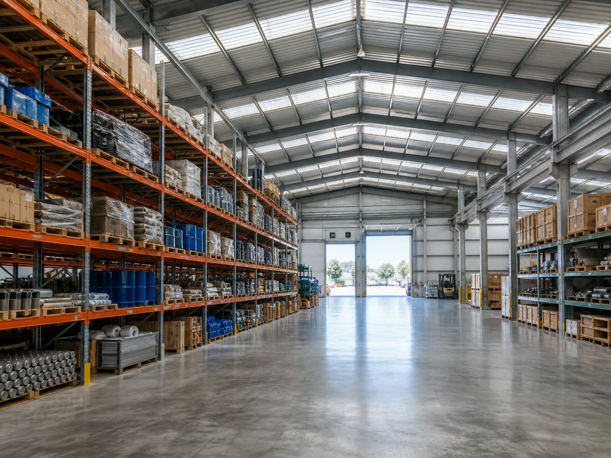 Galpón industrial limpio con piso pulido y racks ordenados tras servicio de aseo industrial profesional VYSCAM en Chile
